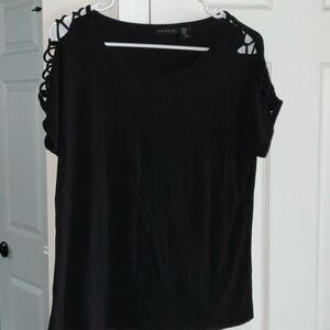 Tahari Black Cold-Shoulder Lattice Knit Tee